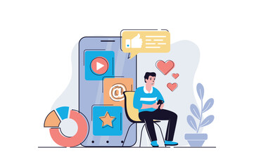 Fototapete - Social media marketing web concept with cartoon people design. Man making posts with online promotion, getting followers, analyzing statistics. Flat vector illustration isolated on white background.