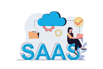 Leinwandbilder - SaaS web concept with cartoon people design. Woman using software as service with online subscription, working with program and cloud technology. Flat vector illustration isolated on white background.