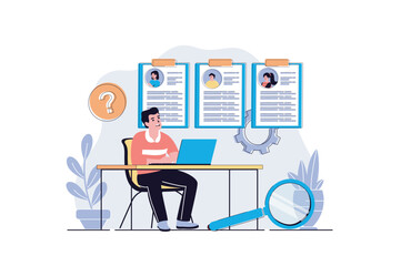 Poster - Recruitment agency web concept with cartoon people design. Man searching online resume for vacancy and choosing best candidates for interview. Flat vector illustration isolated on white background.