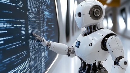 robot interacting with a large screen displaying code.