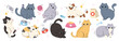 © TWINS DESIGN STUDIO - Cute cats doodle vector set. Cartoon cat or kitten characters design collection with cat element and  flat color in different poses. Set of funny  pet animals isolated on white background.