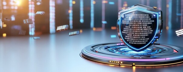 Cybersecurity protection in action concept. Digital shield on a circuit board with binary code and glowing elements