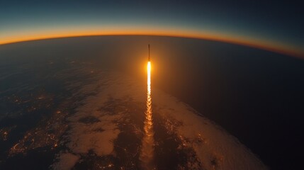 Aufkleber - Powerful rocket engines illuminate the night sky as the vehicle ascends above the Earth's surface, leaving a trail of flames and smoke behind. The launch takes place against a backdrop of dark clouds.