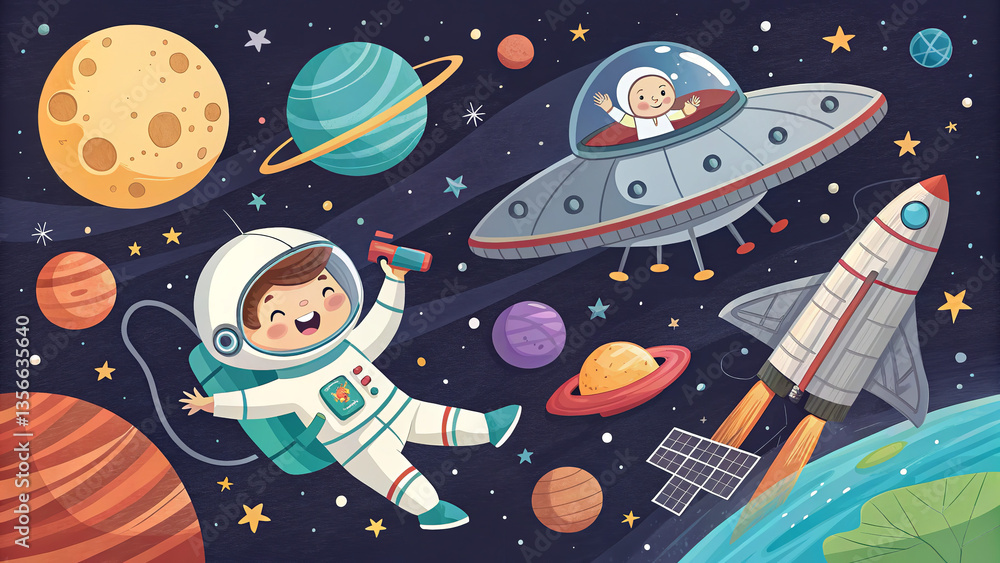 Cartoon illustration of kids in space with planets rocket and ufo on a ...