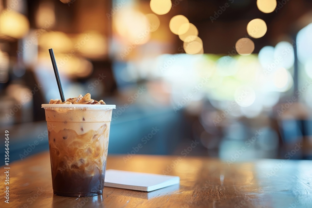 A refreshing iced coffee sits on a wooden table, showcasing its creamy layers. The warm ambiance of the cozy cafe enhances the inviting atmosphere, perfect for relaxation.
