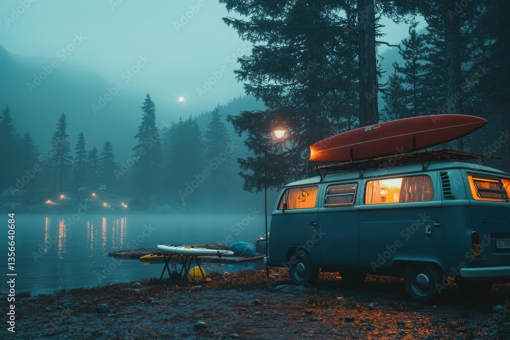 A vintage van rests near a tranquil lake surrounded by tall trees. The twilight sky is hazy with mist, illuminated by a warm glow from the vans interior and a nearby streetlamp.