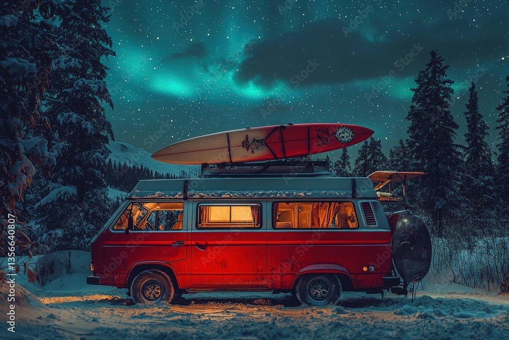 A vintage red van parked in a winter landscape features a surfboard on its roof. The night sky is illuminated by vibrant auroras and stars, creating a magical atmosphere for adventure.