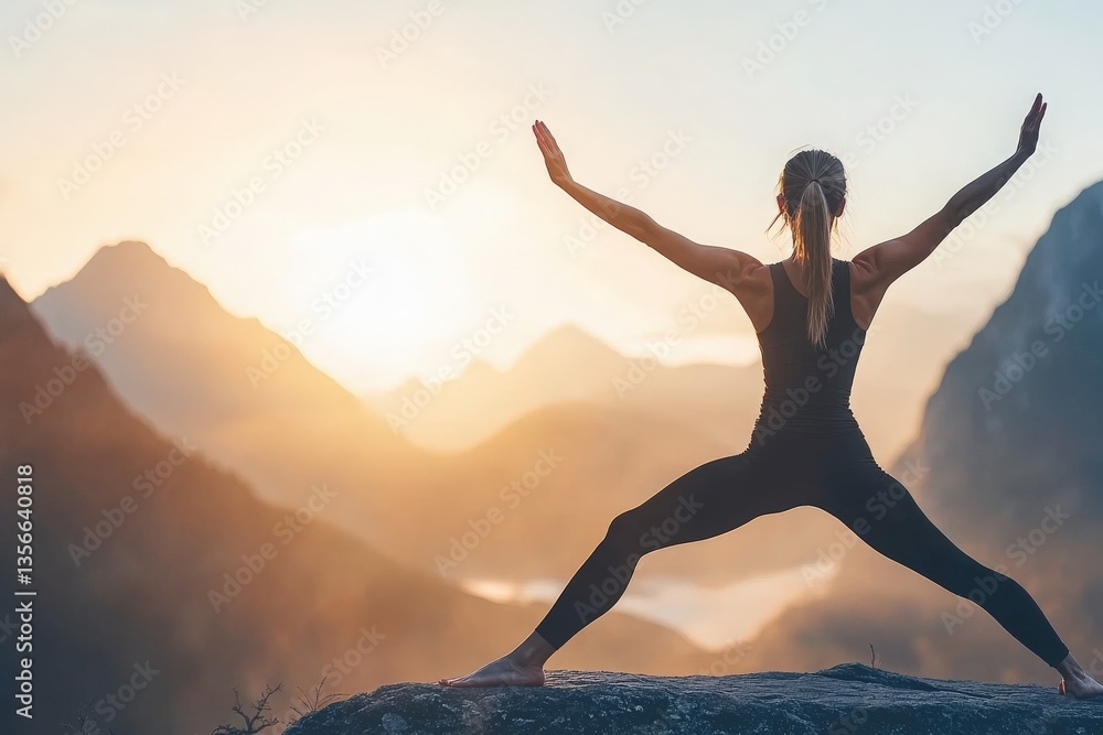 A person performs a yoga pose at sunrise on a mountain top, surrounded by majestic peaks and valleys. The warm glow of the rising sun enhances the tranquil atmosphere of the scene.