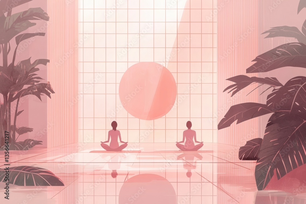 Two figures sit cross-legged in a calming indoor environment.