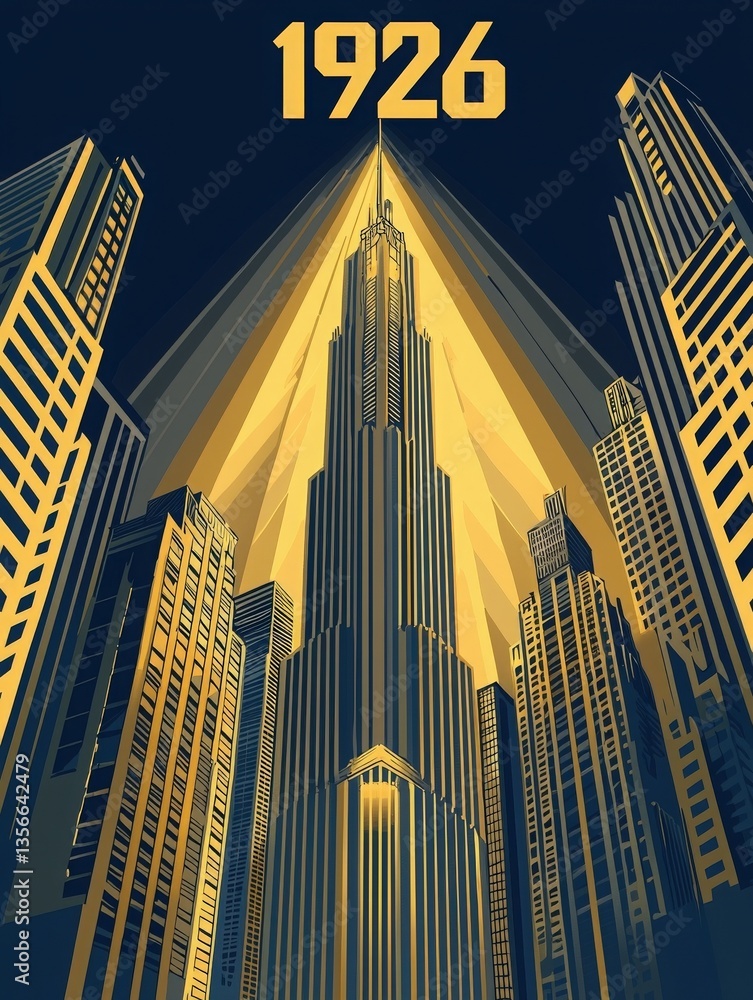 A stylized view of a bustling city skyline from 1926. Towering skyscrapers rise dramatically, showcasing geometric patterns and golden tones against a dark background.