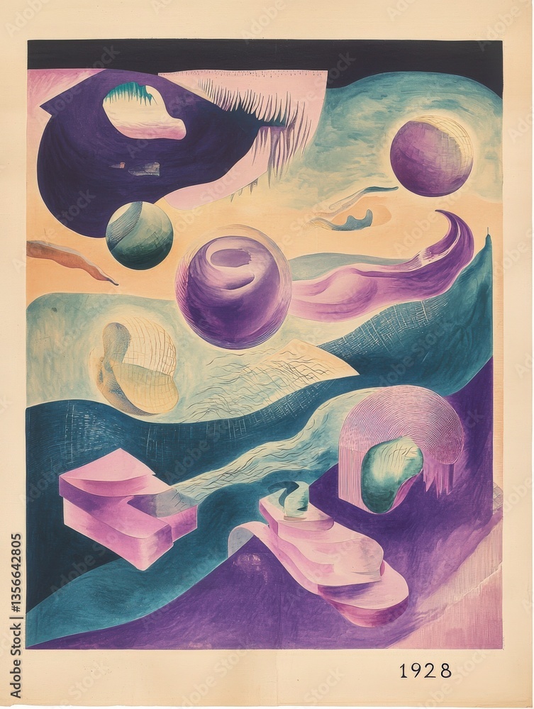 This vibrant abstract composition from 1928 showcases a dynamic arrangement of smooth shapes and spheres in hues of purple and blue. The flowing forms create a sense of movement and intrigue.