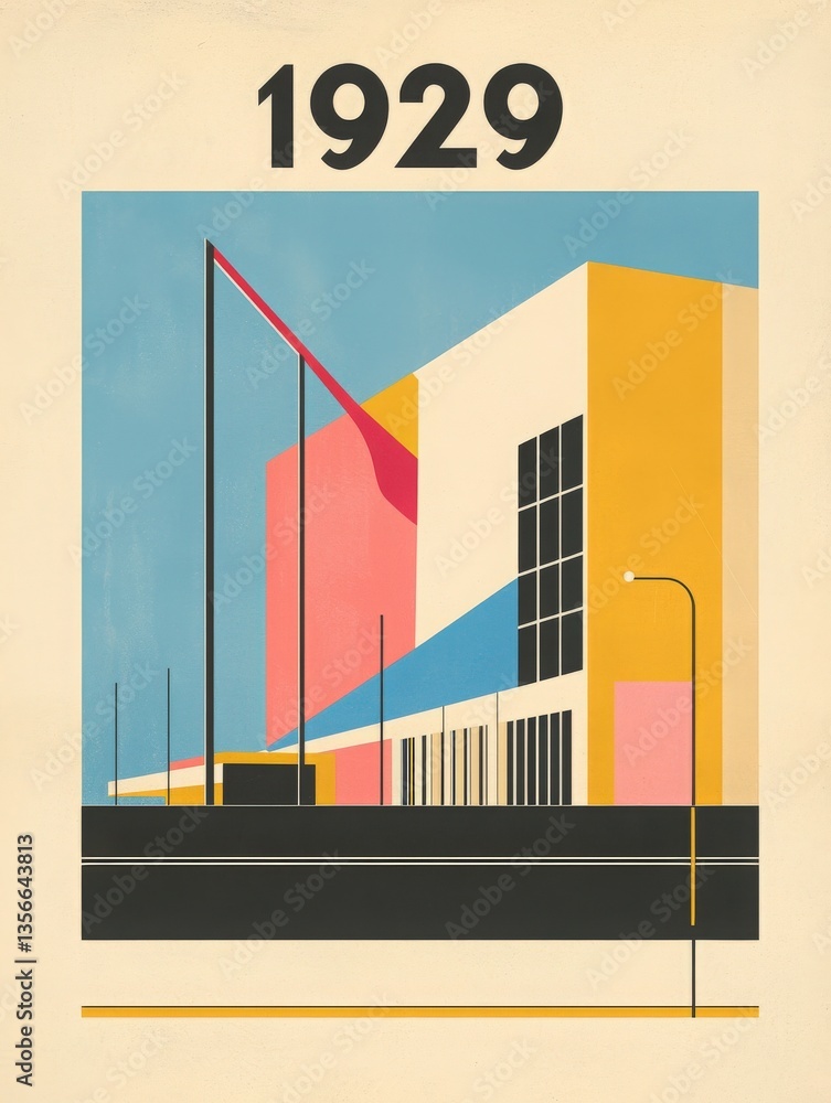A colorful modern building from 1929 features bold geometric shapes in yellow, blue, and pink. Tall flagpoles stand in front, contributing to the vibrant aesthetic of the architecture.