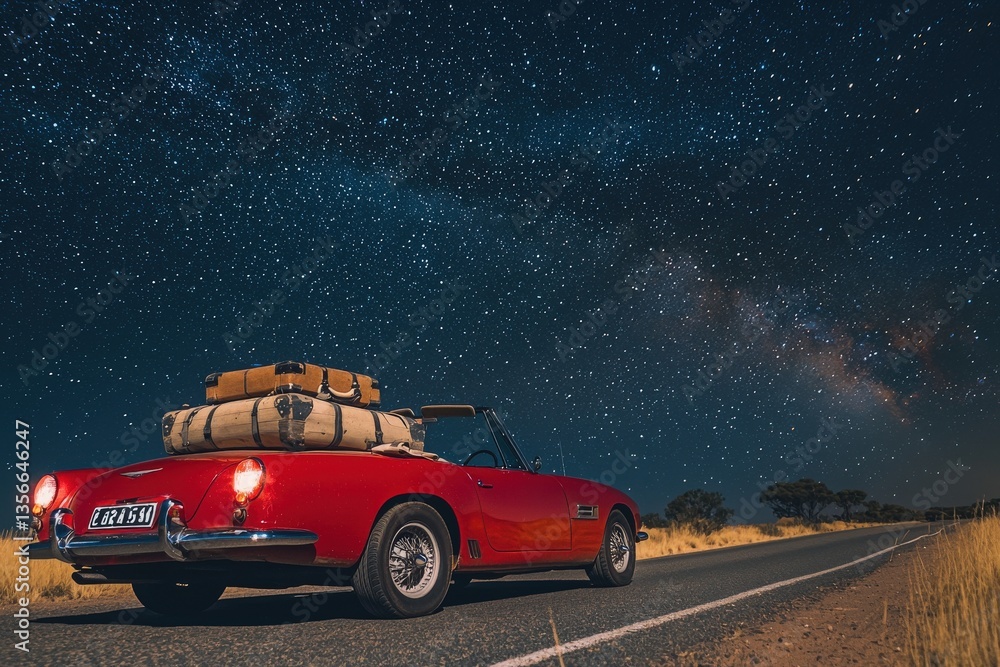 A classic red convertible parked on a remote road, adorned with luggage on its roof, beneath a stunning starry sky that showcases the Milky Way. The serene landscape enhances the adventure.