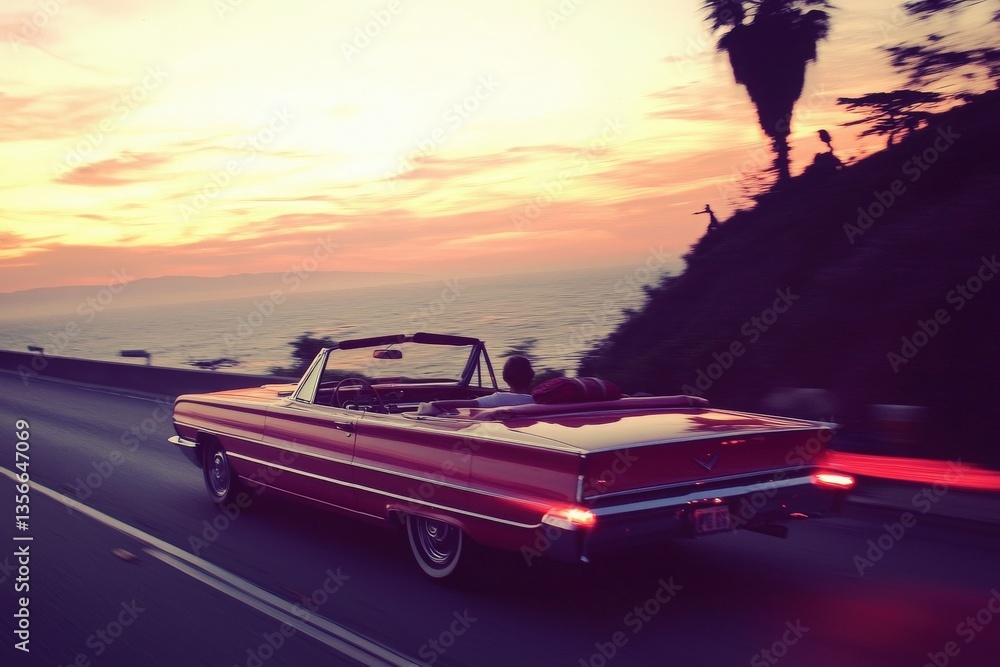 A vibrant red convertible glides down a scenic coastal road during sunset, with a stunning view of the ocean and palm trees. The warm hues of the sky create a picturesque backdrop.