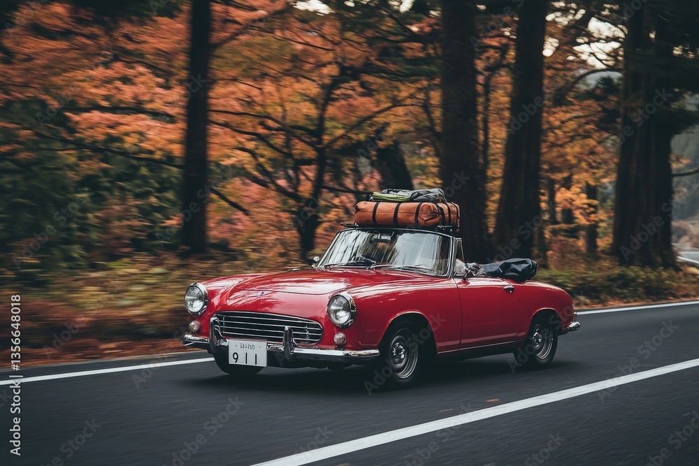 A vibrant red convertible travels along a winding road flanked by trees displaying brilliant autumn hues. The car is packed with luggage on its roof, suggesting an adventurous journey in Japan.