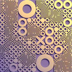 Leinwandbilder - Dynamic geometric pattern composed of X's and O's forming a strict composition. A bright gradient of yellows and purples emphasizes the contrast. 3d rendering digital illustration