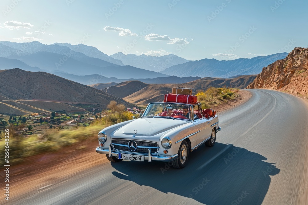 A vintage convertible car cruises down a winding road surrounded by majestic mountains and valleys. The clear sky and beautiful scenery enhance the classic driving experience.
