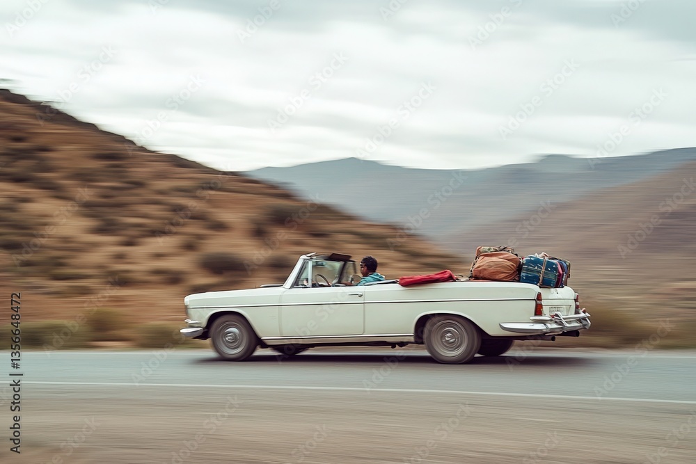 A classic convertible speeds along a winding road in a mountainous area. The driver appears focused, with various bags loaded in the truck bed.