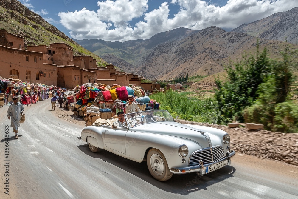 A classic convertible car drives along a winding road in Moroccos mountains, surrounded by vibrant market stalls and lush greenery. The bright sky enhances the picturesque scenery.
