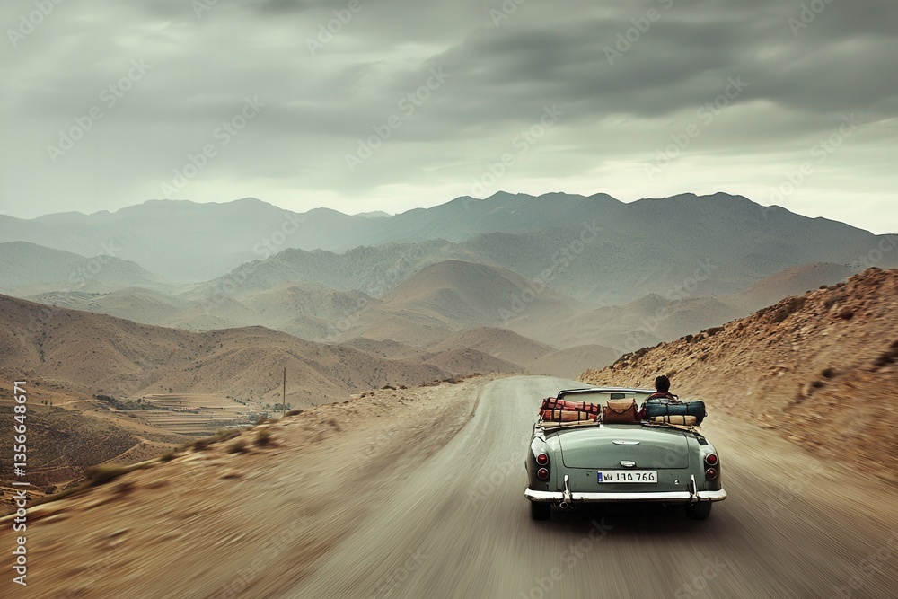 A classic car travels along a winding road surrounded by mountains and hills. The sky is cloudy, hinting at potential rain, while the rugged terrain creates a serene, isolated atmosphere.