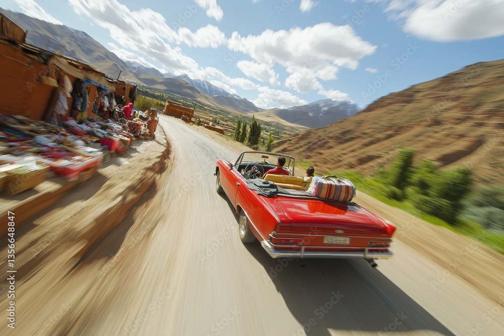 A red convertible speeds along a winding road, surrounded by stunning mountains. Colorful market stalls line the roadside, showcasing local crafts and goods under a bright blue sky.
