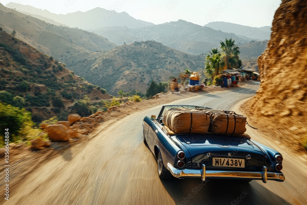 A vintage convertible car drives along a winding road in the mountains. Luggage is strapped to the back, and the landscape features rolling hills and palm trees under bright sunlight.