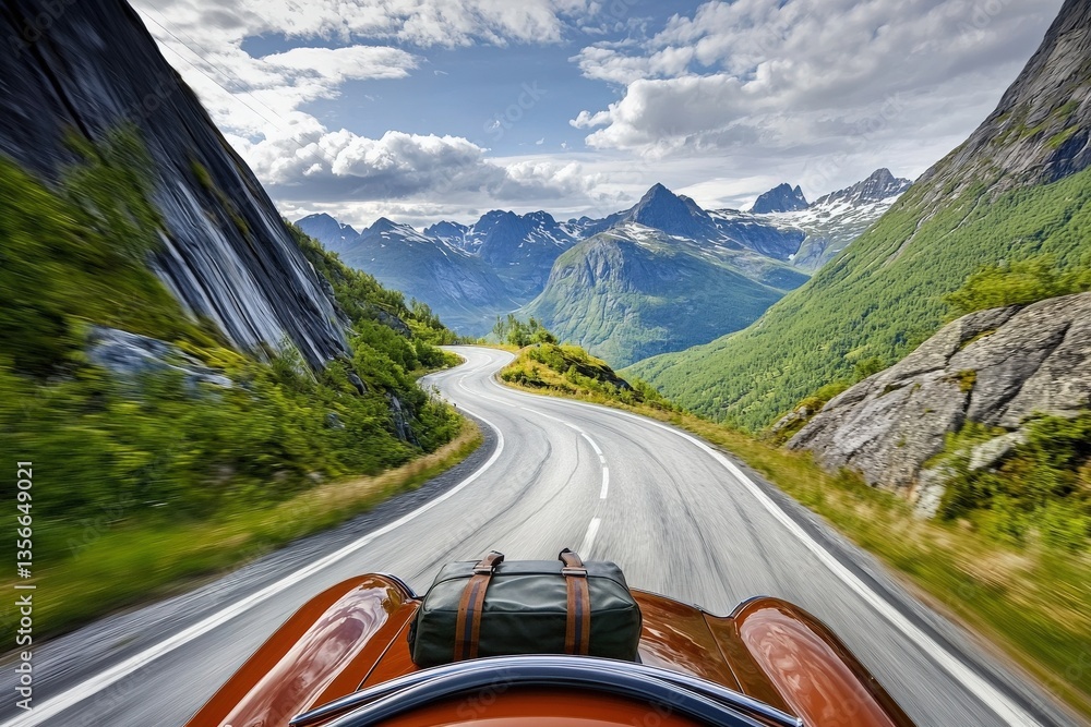 A stunning view from the perspective of a vintage car driving along a winding road surrounded by majestic mountains and greenery. The sky is partly cloudy, enhancing the beautiful landscape.