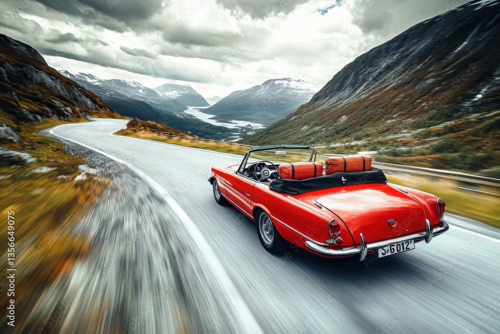 A vibrant red convertible navigates a winding road through a breathtaking mountain range. Lush valleys and distant lakes create a stunning backdrop under an overcast sky.