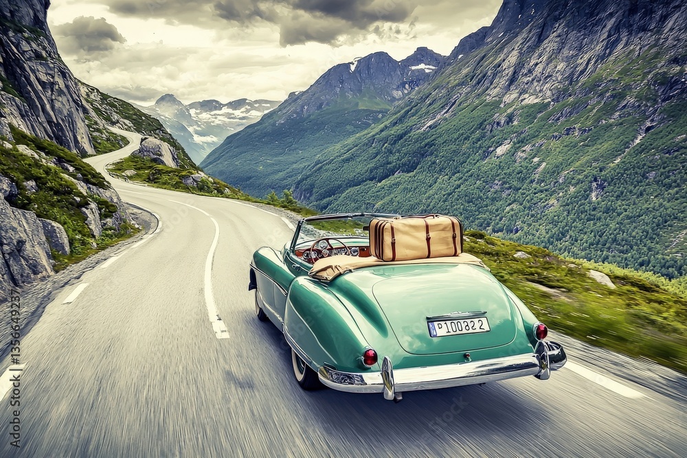 A vintage convertible car travels along a winding road in a mountainous landscape. Luggage is placed on the back, suggesting a journey. The atmosphere is serene with clouds hanging low.