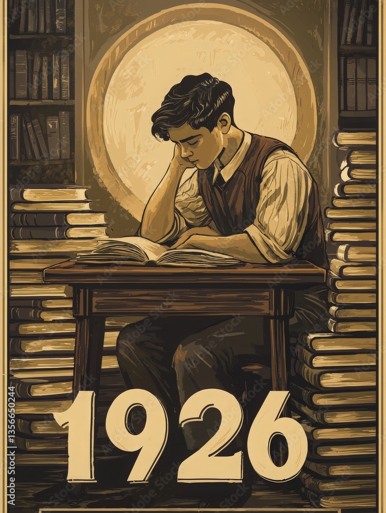 A young student sits at a wooden desk, deeply focused on a book, surrounded by tall stacks of books. The backdrop features a large circular light, creating a nostalgic atmosphere reminiscent of 1926.