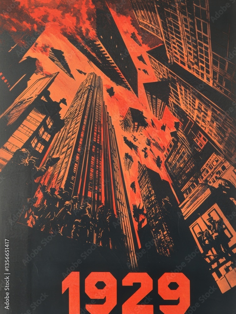 A striking depiction of a 1929 urban landscape with tall skyscrapers towering against a fiery sky. Dark, angular shapes contrast with vibrant colors, creating a sense of movement and energy.