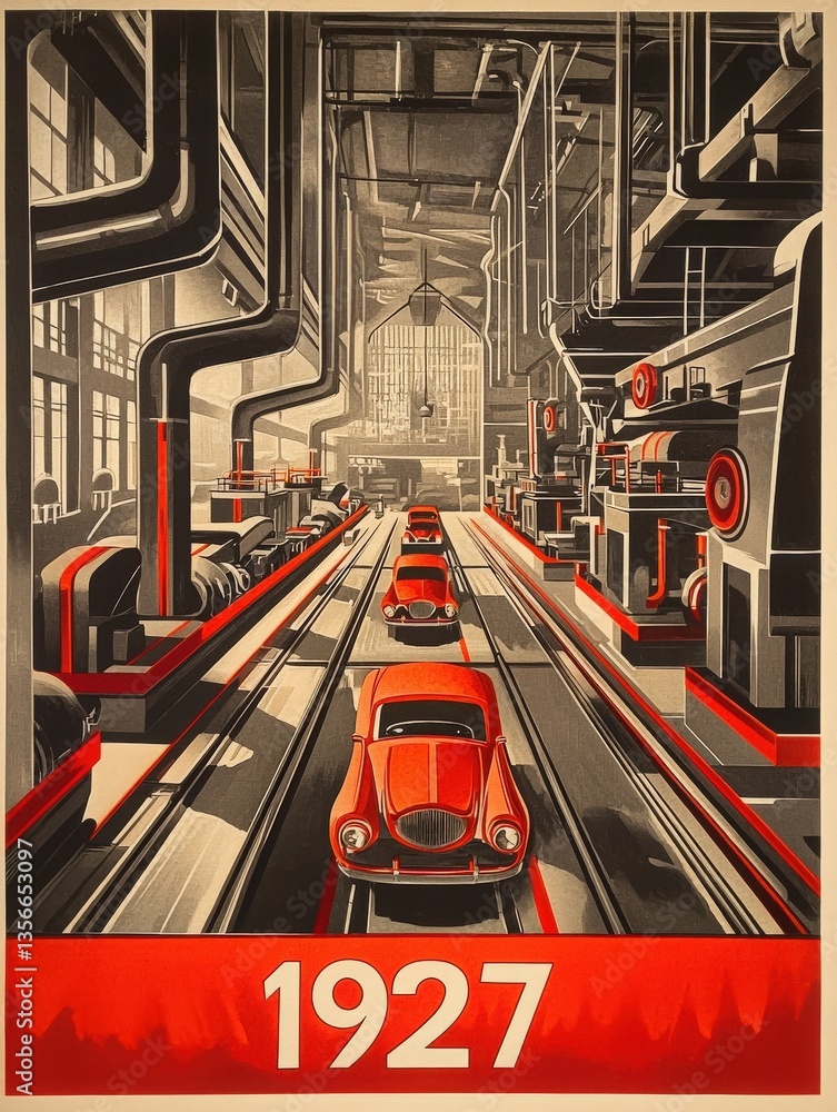 Classic cars in red are being assembled in a large factory filled with pipes and machinery. The year 1927 is prominently displayed, highlighting the industrial eras innovation and design.