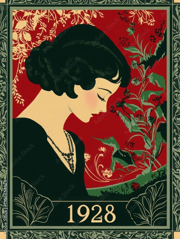 A graceful woman with dark hair and a simple black dress gazes downward, framed by intricate floral patterns and a vibrant red background, evoking a sense of nostalgia from 1928.