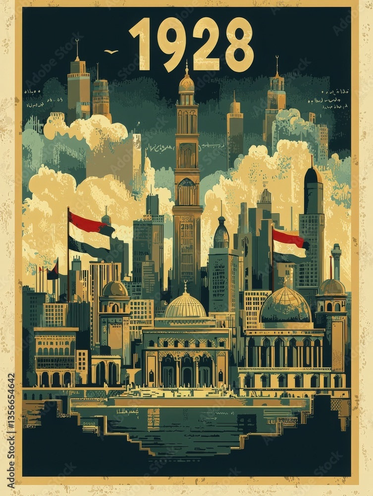 A detailed artistic representation showcases a city skyline filled with diverse architectural styles.