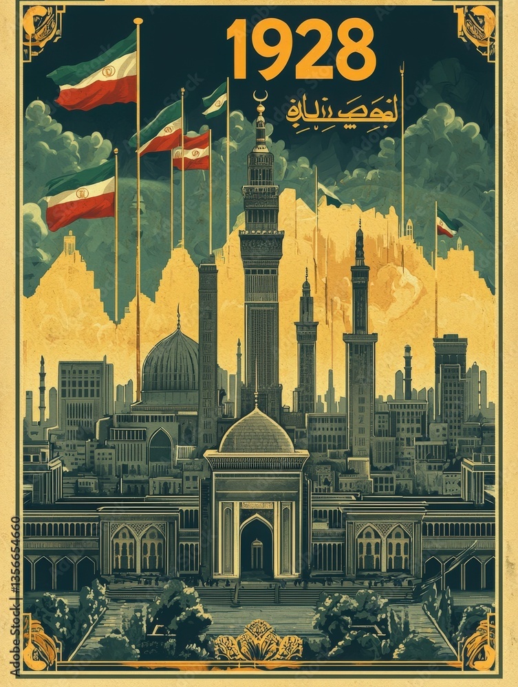The artwork showcases a blend of Persian architectural elements, highlighted by multiple flags. The year 1928 is prominently displayed in the design, emphasizing historical significance.