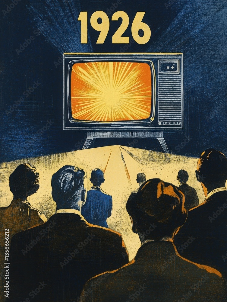 Group of people, dressed in 1920s attire, gaze at a vintage television displaying bright rays of light. The artwork captures a moment of fascination with new technology, set in a historical context.