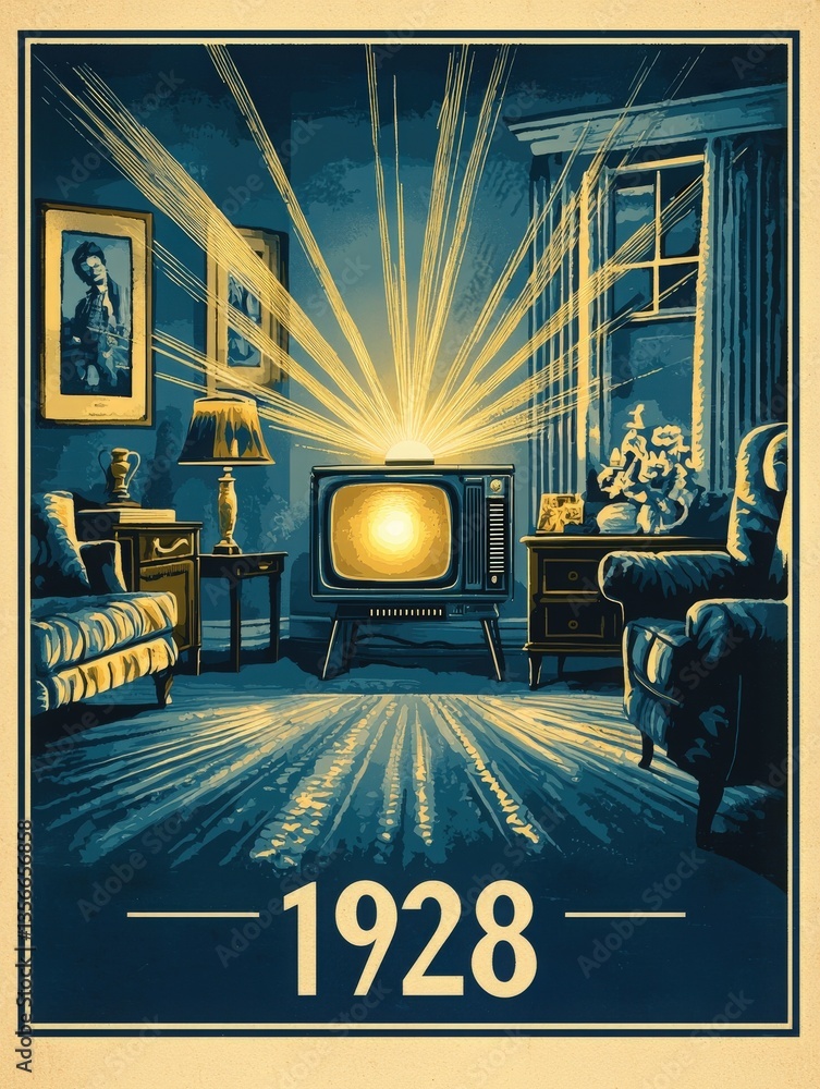 A classic living room from 1928 features a vintage television emitting bright rays. Soft furniture, a lamp, and framed artwork create a cozy and nostalgic atmosphere, evoking a sense of history.