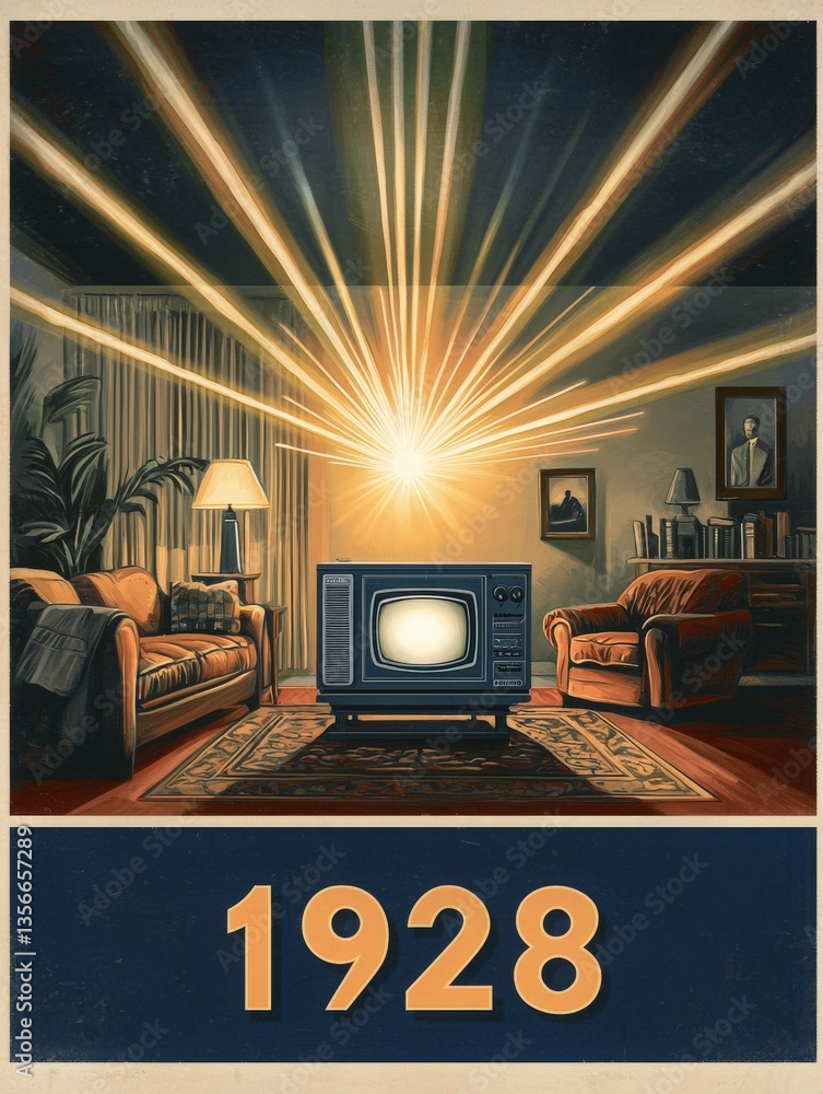 A cozy living room from 1928 features a classic television set radiating light. The room is adorned with a plush sofa, lamp, and artwork, creating a warm, inviting space.