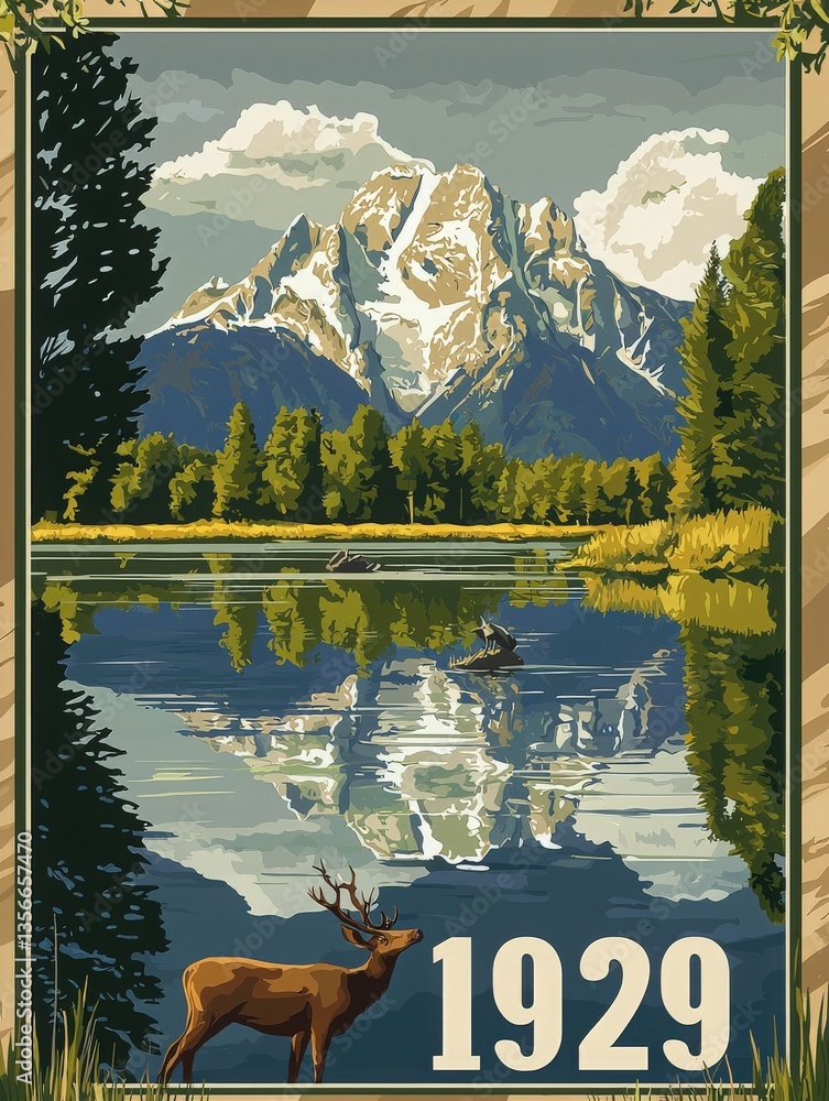 A stunning landscape features towering snow-capped mountains, a serene lake reflecting the scenery, and a deer grazing by the waters edge. The artwork captures a classic 1929 aesthetic.