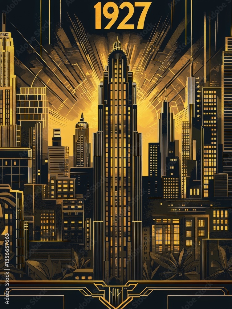 Tall buildings dominate the skyline, showcasing art deco architecture in a golden color scheme. Sunrays illuminate the scene, creating a dramatic atmosphere.