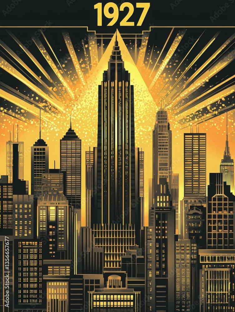 A vibrant Art Deco depiction of New York Citys skyline in 1927 showcases towering skyscrapers. Golden rays radiate from the central building, creating a dazzling effect.