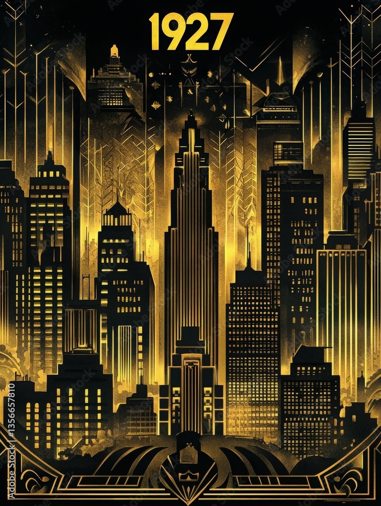 A vibrant depiction of a city skyline from 1927 featuring towering skyscrapers adorned with Art Deco influences. The golden colors create a luxurious atmosphere, capturing the essence of the era.