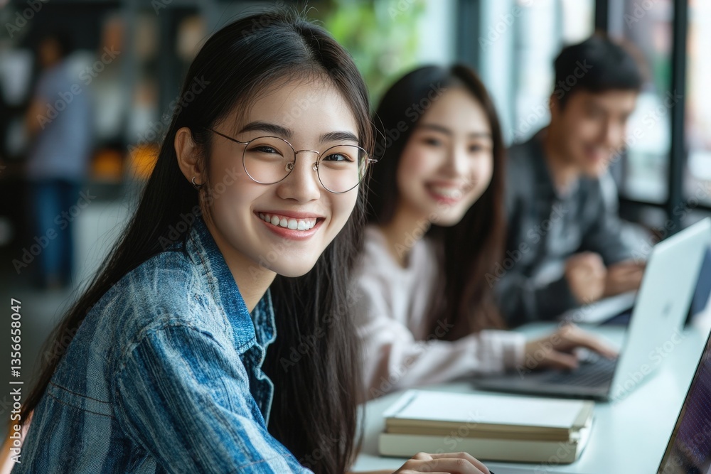 Three young adults focus on their tasks at a stylish study space. One young woman smiles at the camera while the others work on laptops, creating a collaborative atmosphere.