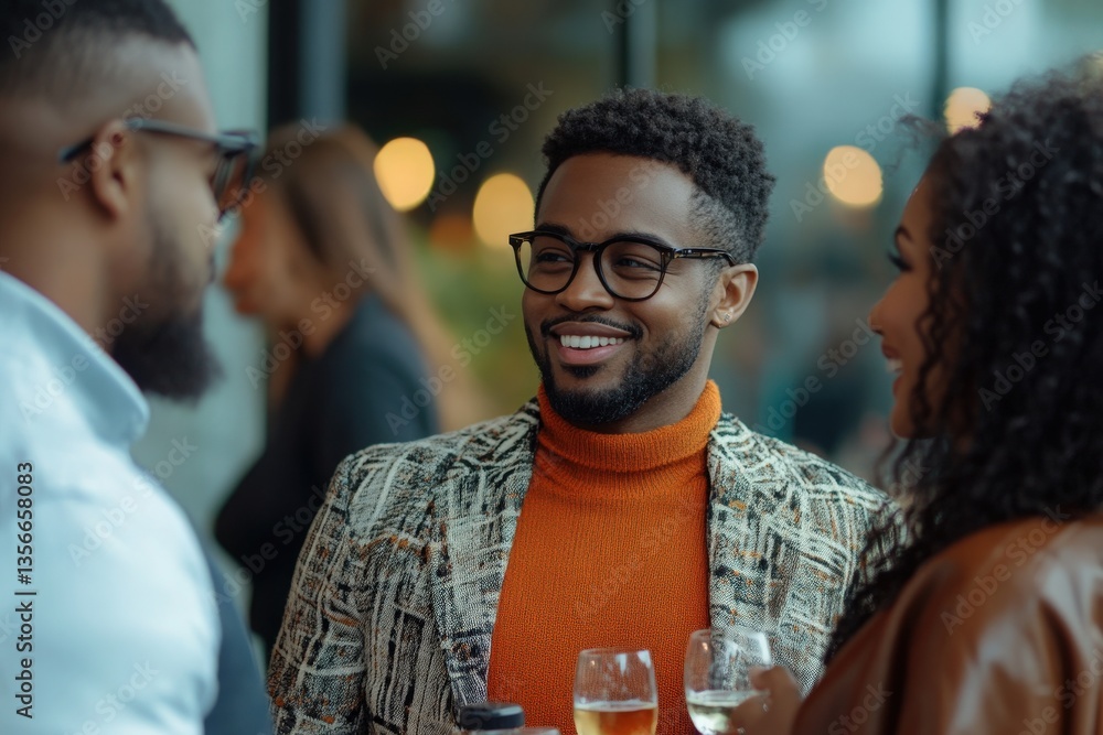 Friends are gathered at a stylish lounge, sharing drinks and lively conversation. The man in glasses wears a patterned jacket, and the atmosphere is warm and inviting with soft lighting.