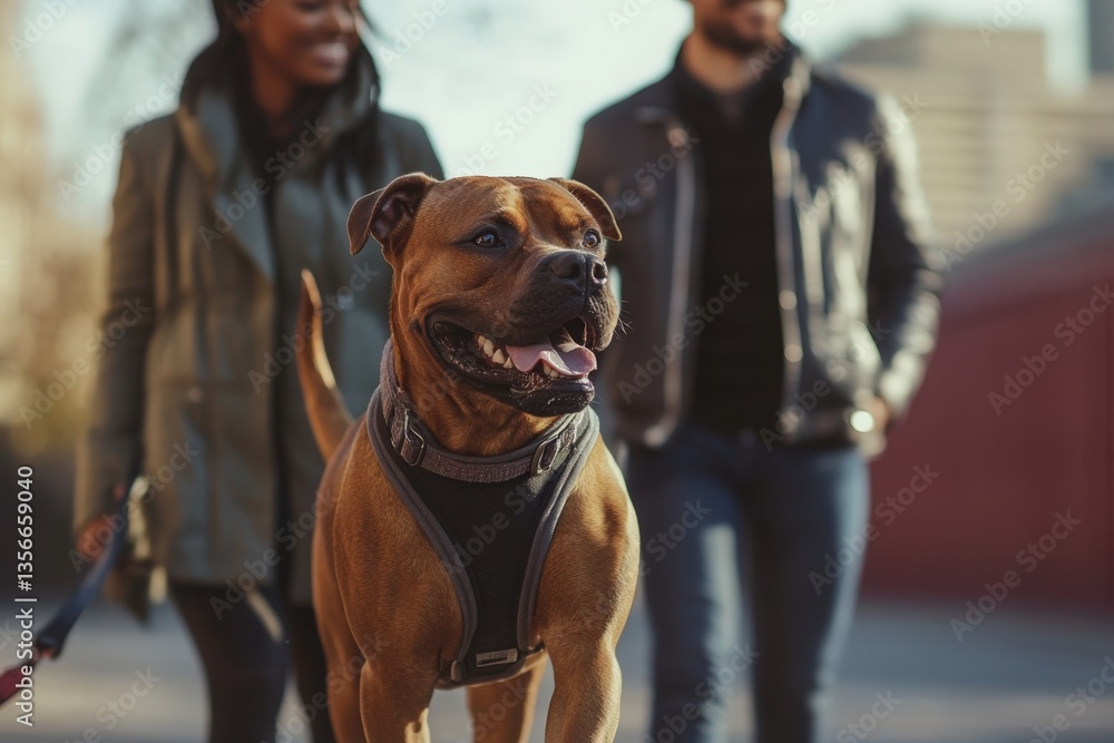 A couple strolls through an urban area with a cheerful dog on a leash. The dog, wearing a harness, radiates joy as it walks beside its owners in the warm sunlight.