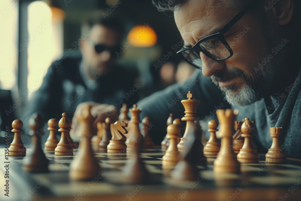 Two men are deeply engaged in a chess match at a cozy cafe, surrounded by a warm atmosphere. The players concentrate on their strategies, with chess pieces positioned thoughtfully on the board.