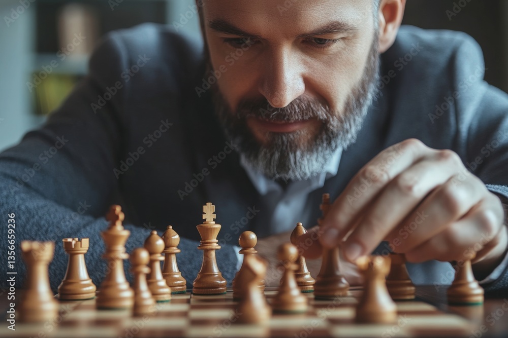 A man with a beard concentrates deeply as he plays chess against an unseen opponent. The warm lighting and wooden pieces create an inviting atmosphere for strategic thinking.