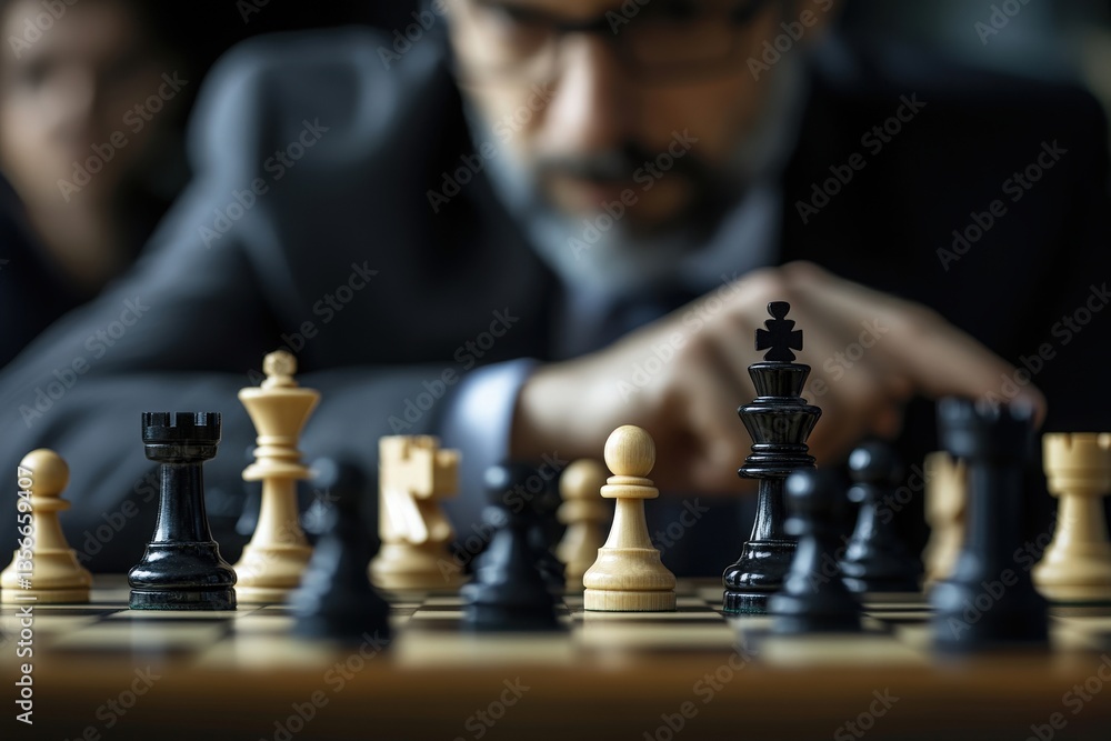 Two players are intensely focused on a chess game in a sophisticated environment. Dark and light pieces are arranged on a wooden board as strategy unfolds in this classic battle of wits.
