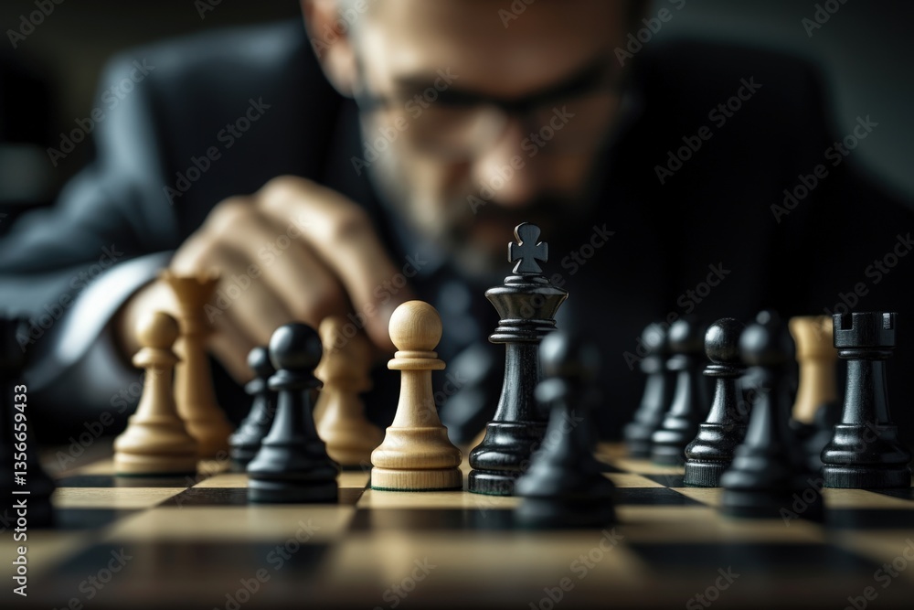 A man in formal attire concentrates on a chessboard, poised to make a critical move during a tense game. The contrasting black and white pieces stand in a close battle.