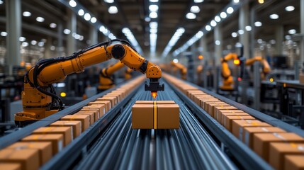 Poster - Robotic arms are actively sorting packages on a conveyor belt in a logistics warehouse. The environment is well lit, emphasizing the advanced technology used in inventory management.